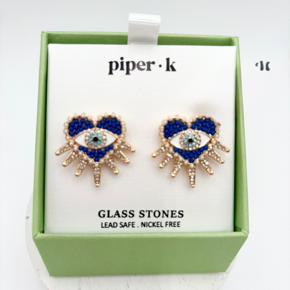 Piper K Evil Eye Heart Earrings Glass Stones Lead Nickel Free Studs